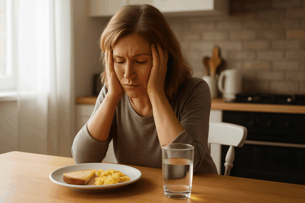 Woman in her 40s experiencing fatigue at a kitchen table with unfinished breakfast, showing early signs of sudden high blood pressure.