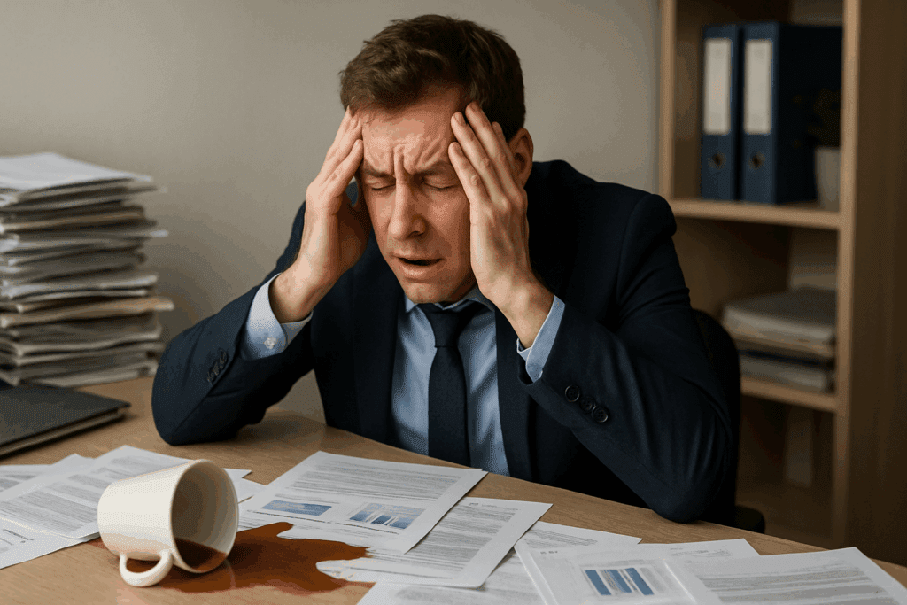Stressed businessman overwhelmed at cluttered desk with spilled coffee, symbolizing acute stress leading to sudden high blood pressure.