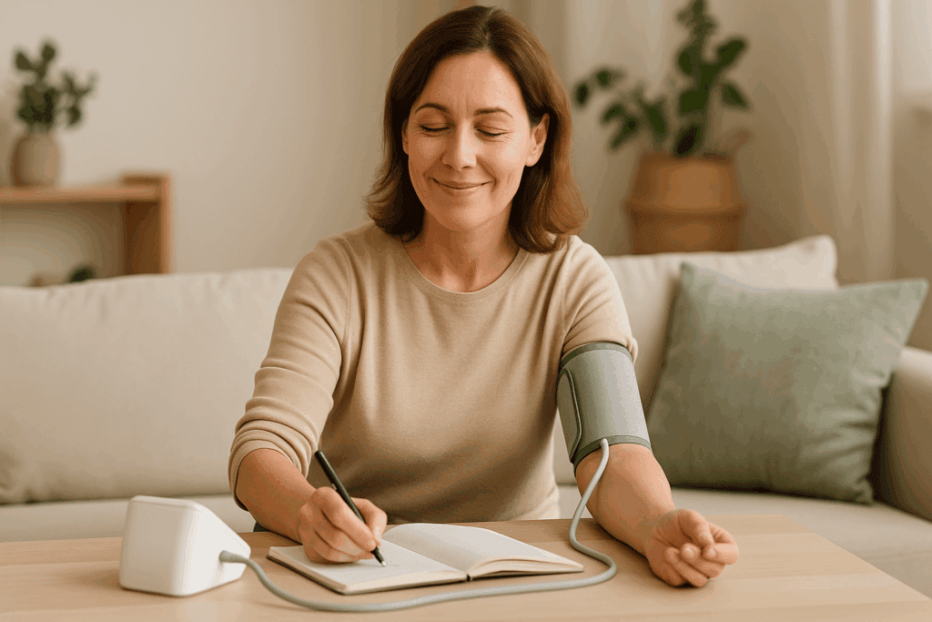 Person checking sudden high blood pressure at home using a digital monitor, smiling while recording results in a wellness journal in a cozy living room.