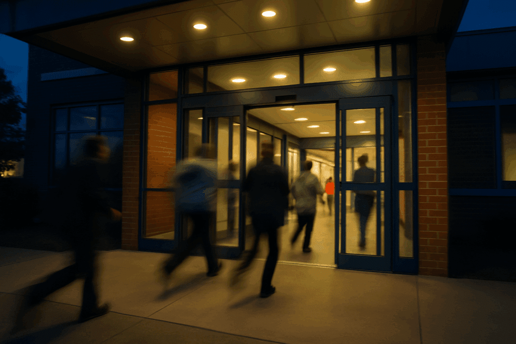 Hospital emergency room entrance at twilight with blurred figures rushing inside, illustrating the urgency of sudden high blood pressure.