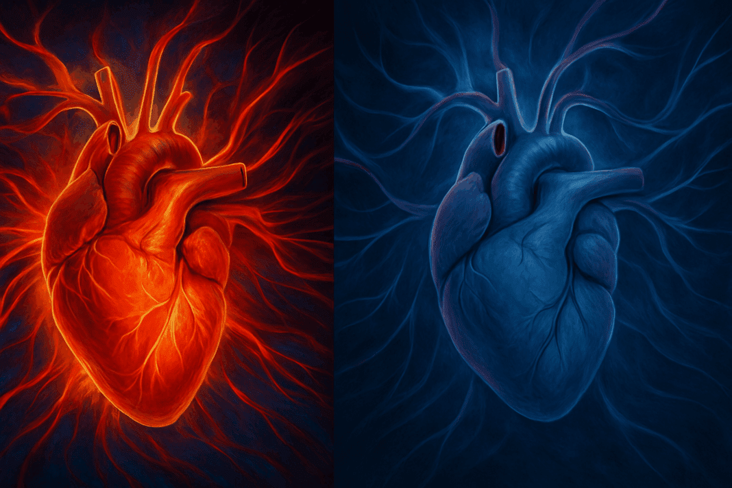 Conceptual illustration of Systolic vs Diastolic Blood Pressure showing a human heart contracting with vibrant arteries on one side and relaxing with calm blood flow on the other.