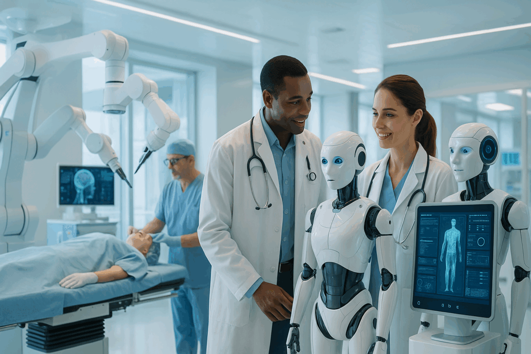 Doctors and AI-powered robots working together in a high-tech surgical room, illustrating the pros and cons of AI in healthcare.