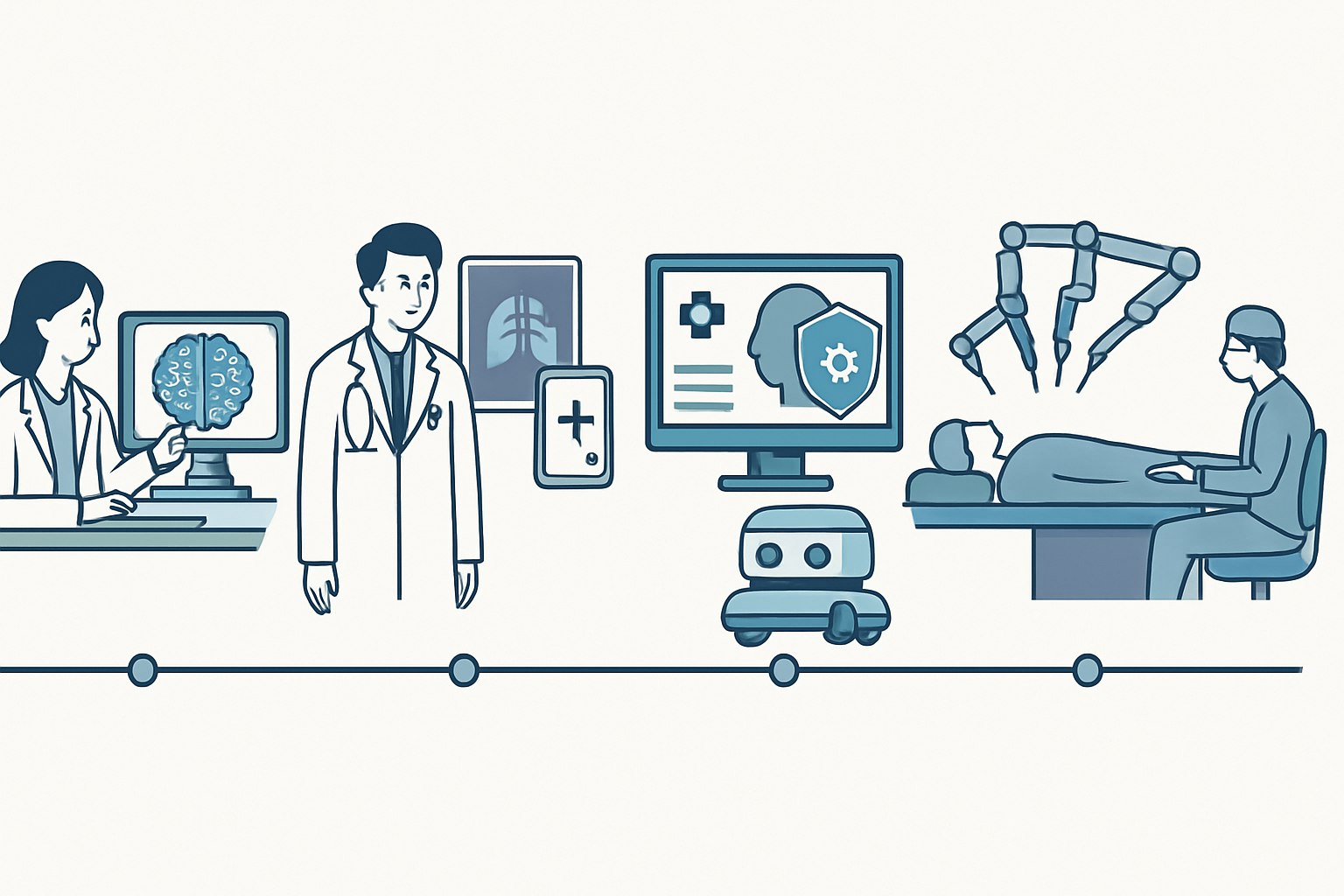 Timeline illustration showing the pros and cons of AI in healthcare, from early diagnostics to robotic surgery innovations