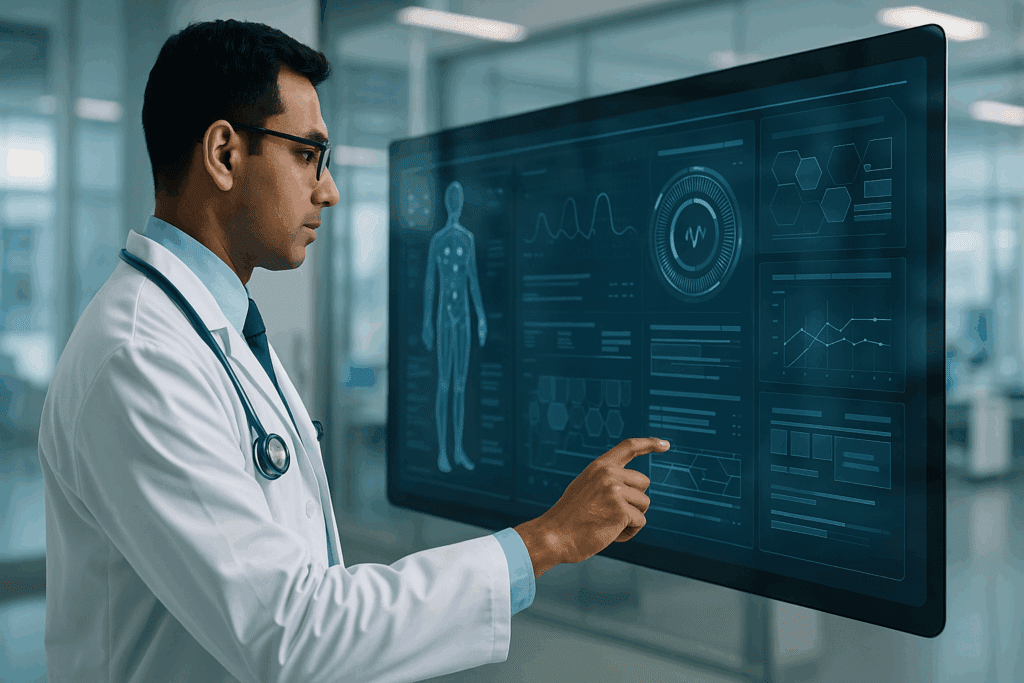 Doctor using AI-powered touchscreen in a modern hospital to review patient data, illustrating the pros and cons of AI in healthcare.