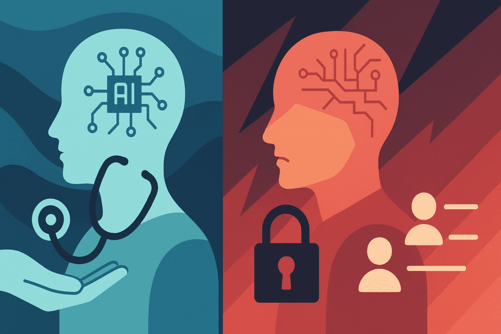 Split-screen illustration showing the pros and cons of AI in healthcare, with accurate diagnostics on one side and data risks on the other.