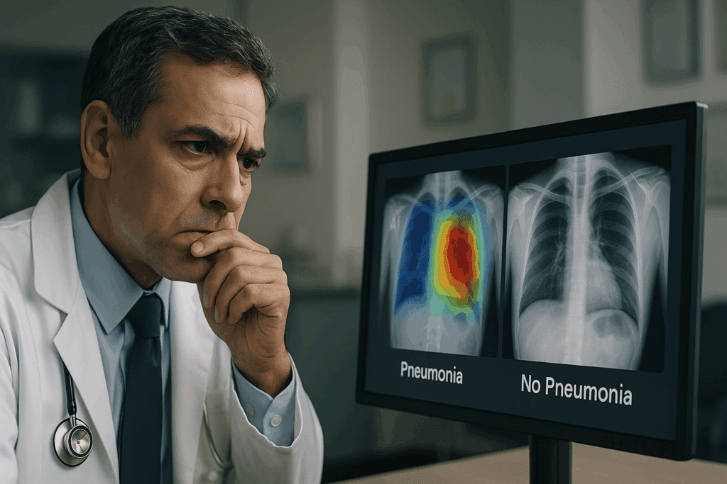 Concerned doctor analyzing conflicting AI-generated X-rays on a monitor, highlighting pros and cons of AI in healthcare.