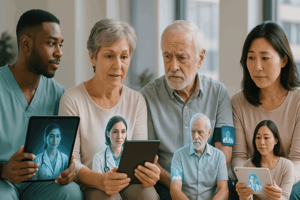 Diverse group of patients using tablets and wearables to interact with AI healthcare assistants, reflecting the pros and cons of AI in healthcare.