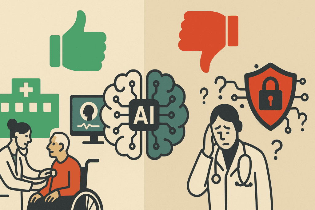 Split-screen infographic illustrating the pros and cons of AI in healthcare with medical icons, a doctor, patient, and data security symbols.