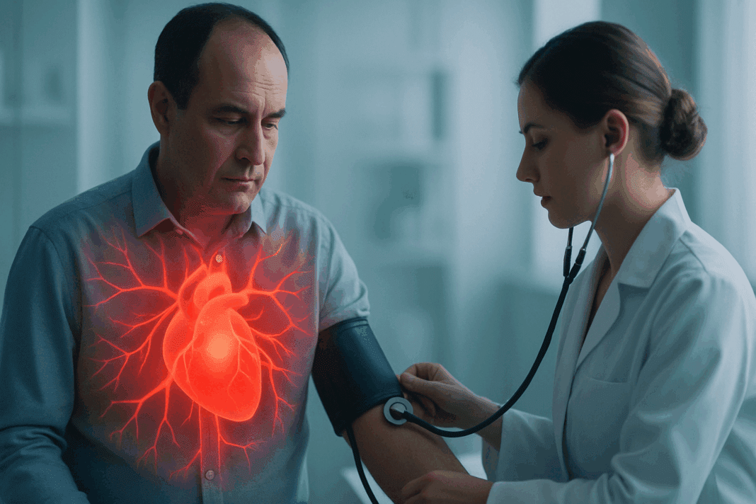 Man having his blood pressure checked by a doctor in a medical office, with a glowing red heart illustration symbolizing another term for high blood pressure.
