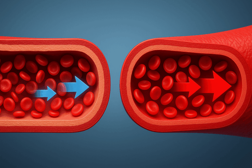 3D cross-section of arteries comparing normal blood flow to narrowed vessels from another term for high blood pressure.