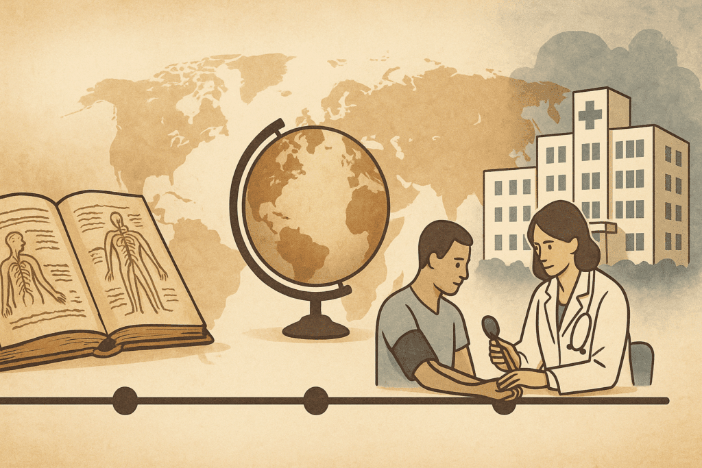 Conceptual timeline illustration showing another term for high blood pressure evolving across cultures, from ancient manuscripts to modern medicine