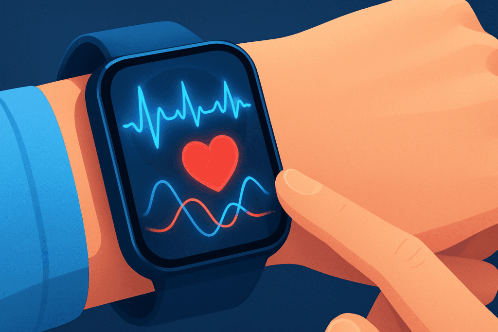 Person interacting with a smartwatch that displays vibrant red and blue waveforms tracking cardiovascular data, symbolizing how technology helps monitor another term for high blood pressure.