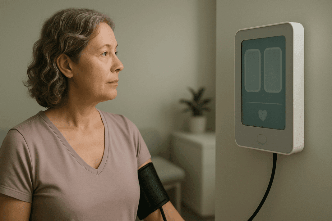 Middle-aged woman monitoring female high blood pressure on a digital screen in a calm, modern medical office.