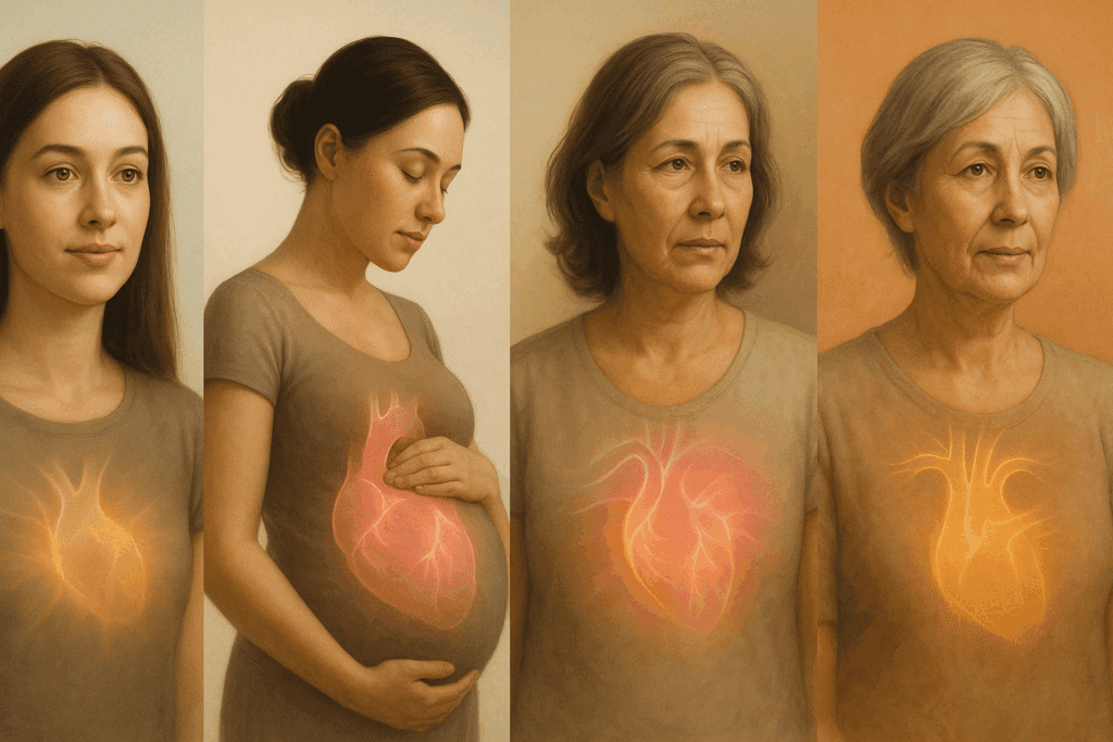 Four life-stage portraits of women—early adulthood, pregnancy, perimenopause, and menopause—visually depicting hormonal changes related to female high blood pressure.