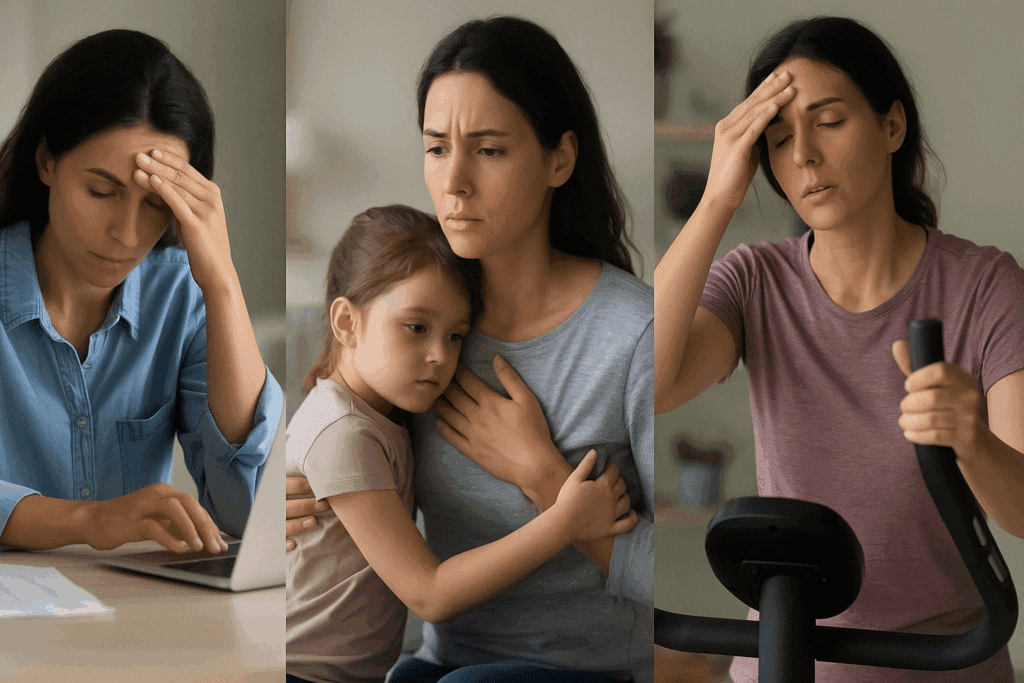 Woman with female high blood pressure experiencing fatigue, anxiety, and dizziness while working, parenting, and exercising