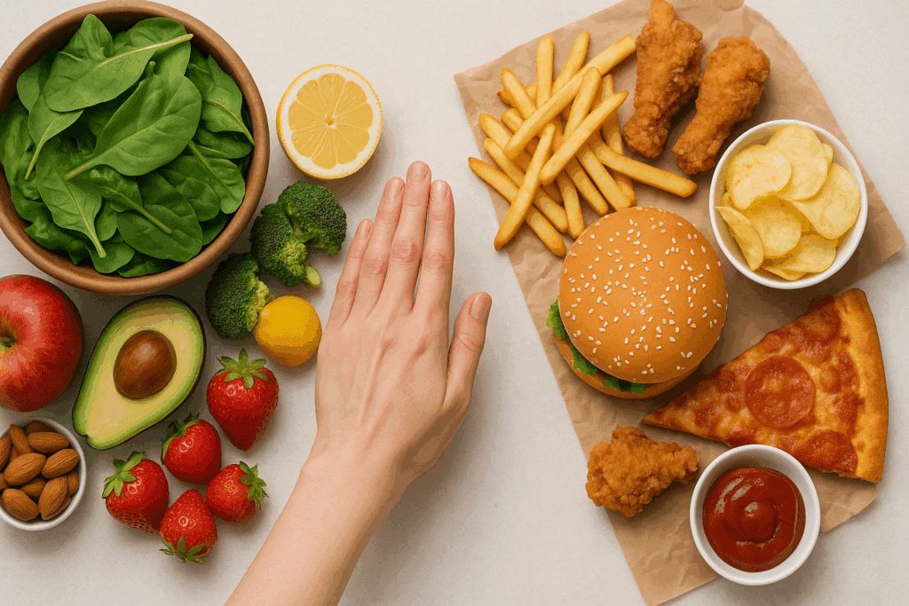 Woman reaching for healthy fruits and vegetables instead of fast food, symbolizing lifestyle change to reduce female high blood pressure