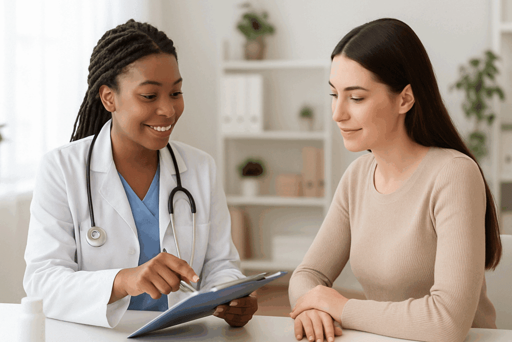 Female high blood pressure patient consults with a doctor reviewing personalized treatment options in a bright clinic.