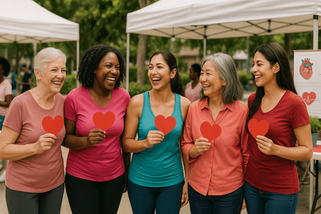 Diverse women of varying ages smiling together at a heart health awareness event focused on female high blood pressure prevention.