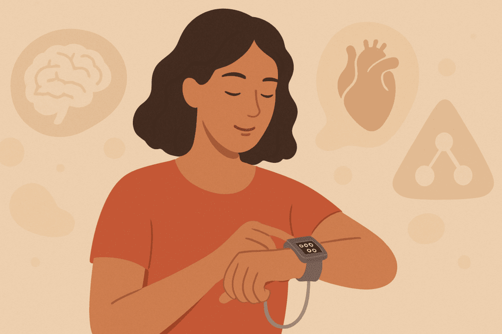 Woman checking blood pressure on smartwatch at home with abstract icons of brain, heart, and hormones, symbolizing female high blood pressure.