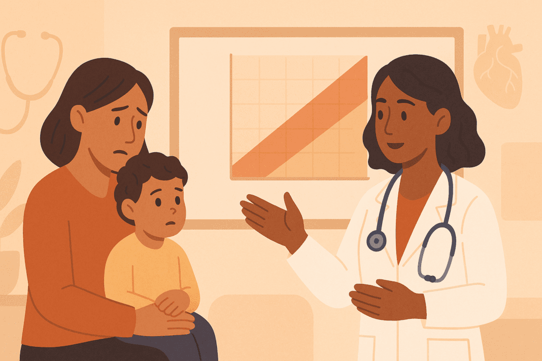 Concerned parent holding a child while a pediatric doctor explains a blood pressure chart, highlighting concerns about high blood pressure in kids in a warm clinical setting.