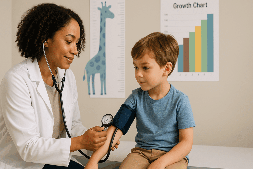 Concerned parent holding a child while a pediatric doctor explains a blood pressure chart, highlighting concerns about high blood pressure in kids in a warm clinical setting.