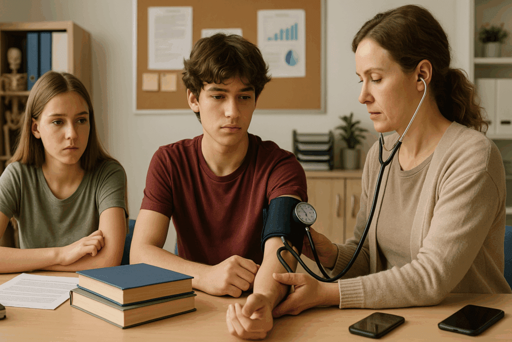 Teen boy getting blood pressure checked by school nurse while teen girl looks on, illustrating high blood pressure in kids under academic stress.