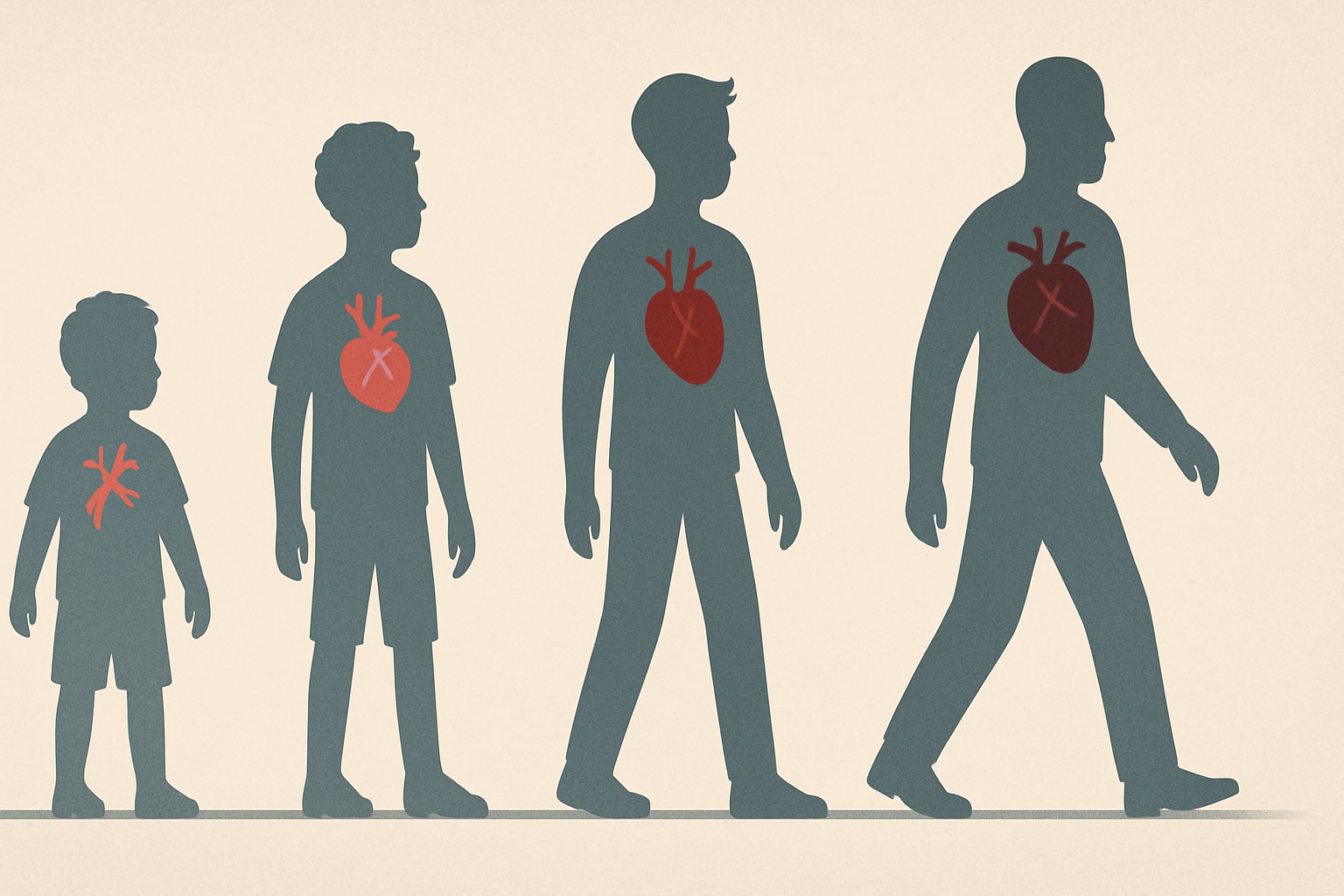 Timeline illustration showing progression of high blood pressure in kids from childhood to adulthood with hearts darkening to depict long-term cardiovascular strain