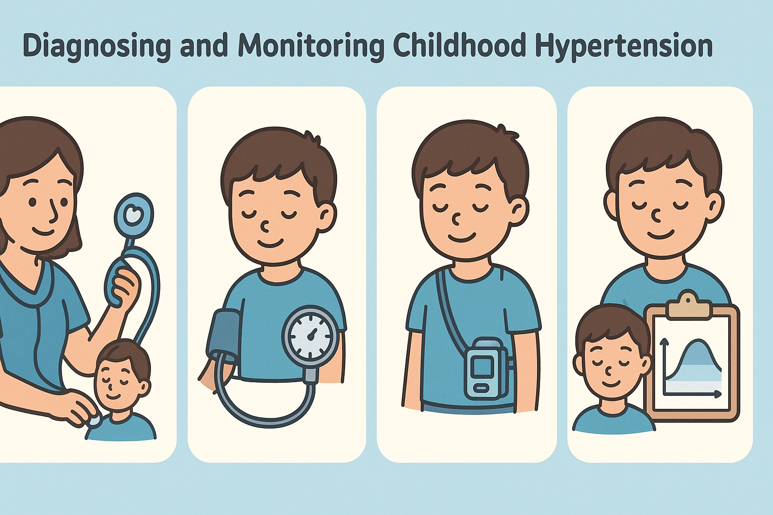 Infographic showing four cartoon-style steps for diagnosing high blood pressure in kids, including blood pressure cuff fitting, repeated measurements, ambulatory monitoring, and percentile analysis.