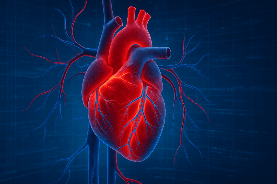 Detailed digital illustration of a human heart with glowing red and blue arteries against a futuristic background, symbolizing normal blood pressure and pulse.