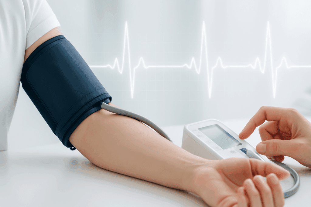 Healthcare professional measuring normal blood pressure and pulse using a digital cuff with an EKG graph in a clinical setting.