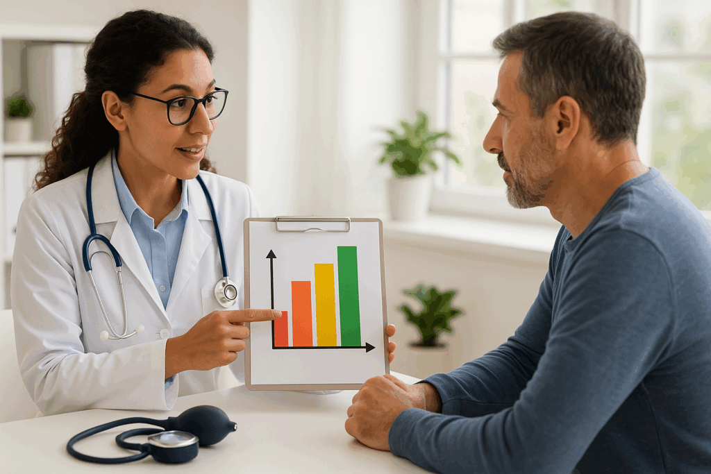 Doctor explaining a chart about normal blood pressure and pulse to a patient during a bright, optimistic medical consultation.