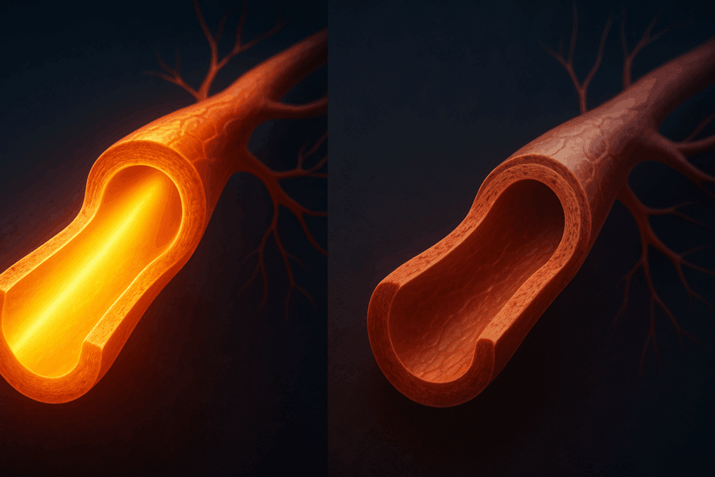 Cross-section illustration comparing a healthy elastic artery with strong blood flow and an aging stiff artery, highlighting the impact on normal blood pressure and pulse.