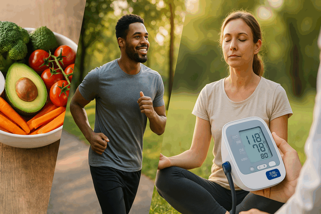 Healthy lifestyle collage showing nutritious foods, outdoor exercise, meditation for stress management, and blood pressure monitoring to support normal blood pressure and pulse.