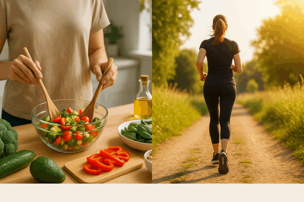 Person preparing a fresh vegetable salad and another jogging on a sunny trail, promoting a healthy lifestyle for maintaining normal blood pressure and pulse