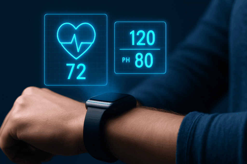 Person checking normal blood pressure and pulse using a futuristic smartwatch with floating holographic health data in a dark background.
