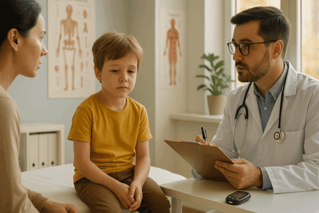 Pediatric doctor discusses treatment options for Type 1 Diabetes in Children with a concerned parent as a tired young boy sits calmly in a bright clinic.
