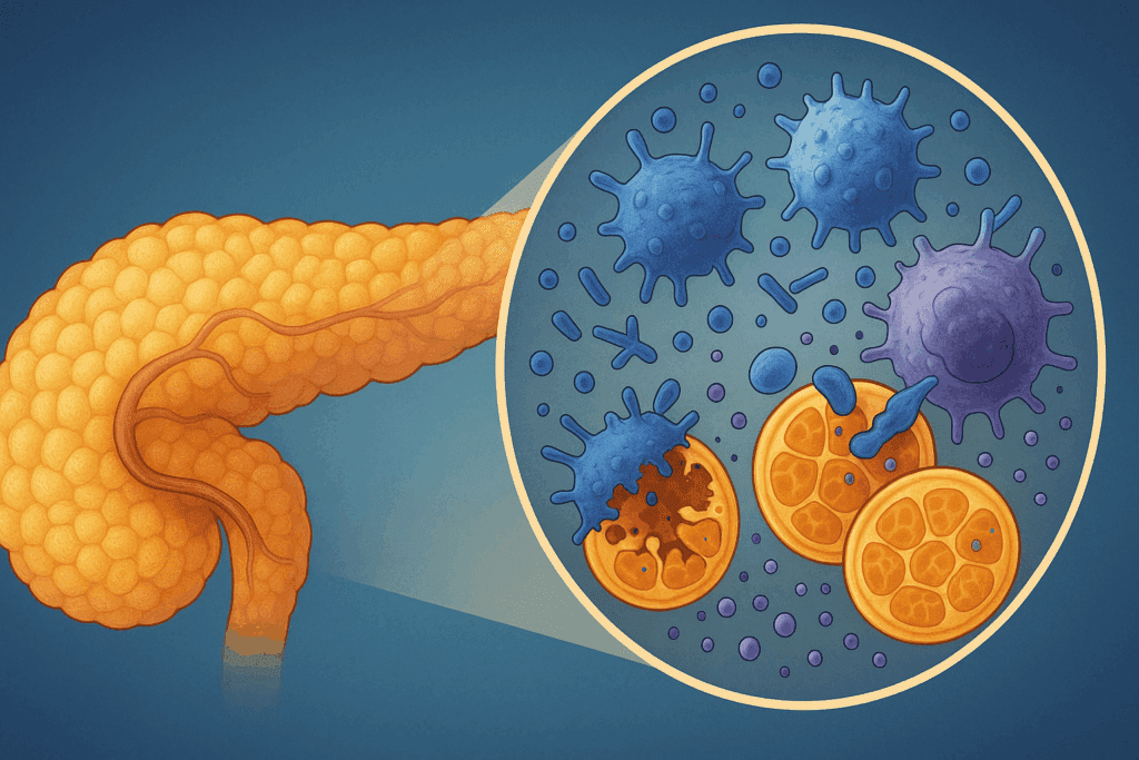 Immune cells attacking pancreatic beta cells in a child, illustrating autoimmune damage that causes Type 1 Diabetes in Children

