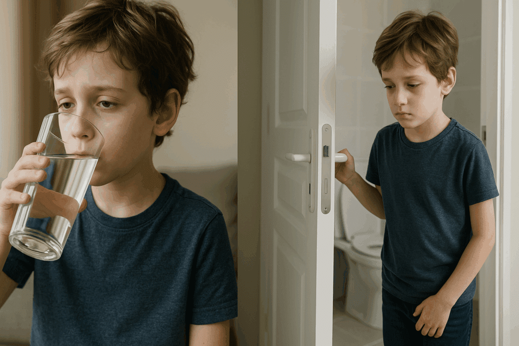Child showing early signs of Type 1 Diabetes in Children, drinking water and looking fatigued near a bathroom door.