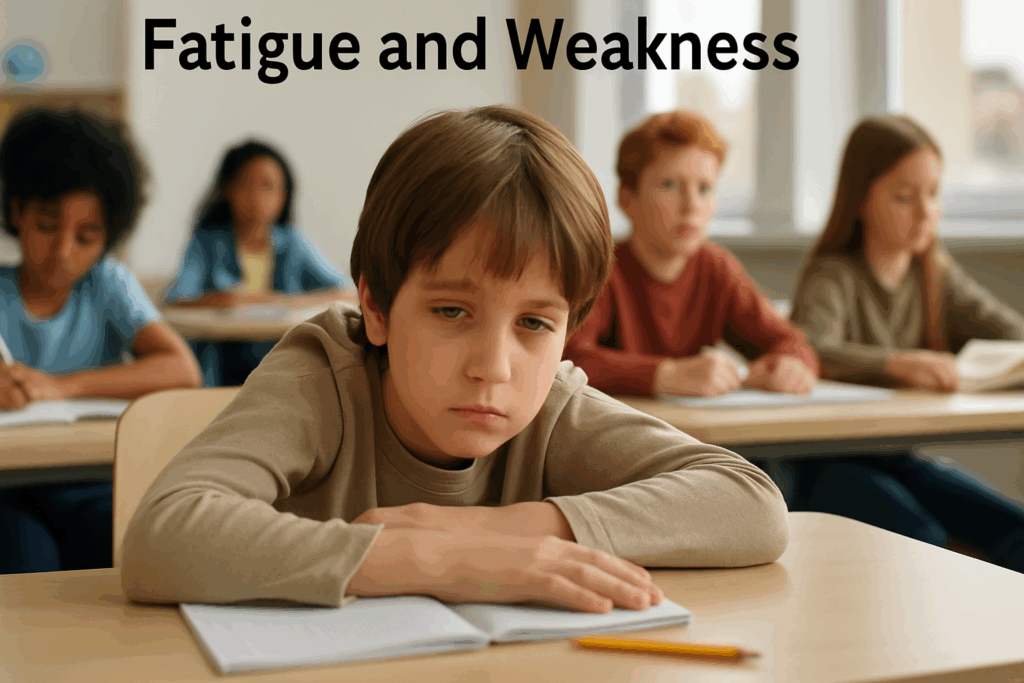 Tired school-age boy with half-closed eyes slumped at his desk while classmates work, illustrating early signs of Type 1 Diabetes in Children