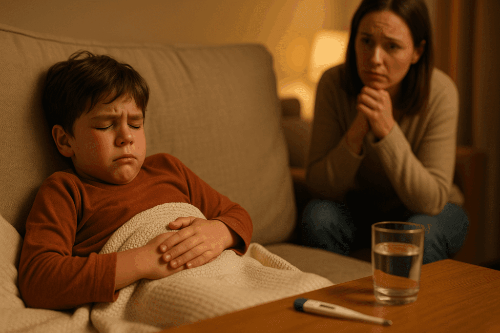 Sick child with flushed cheeks holding their stomach on a couch, with a worried parent nearby—highlighting early symptoms of Type 1 Diabetes in Children.