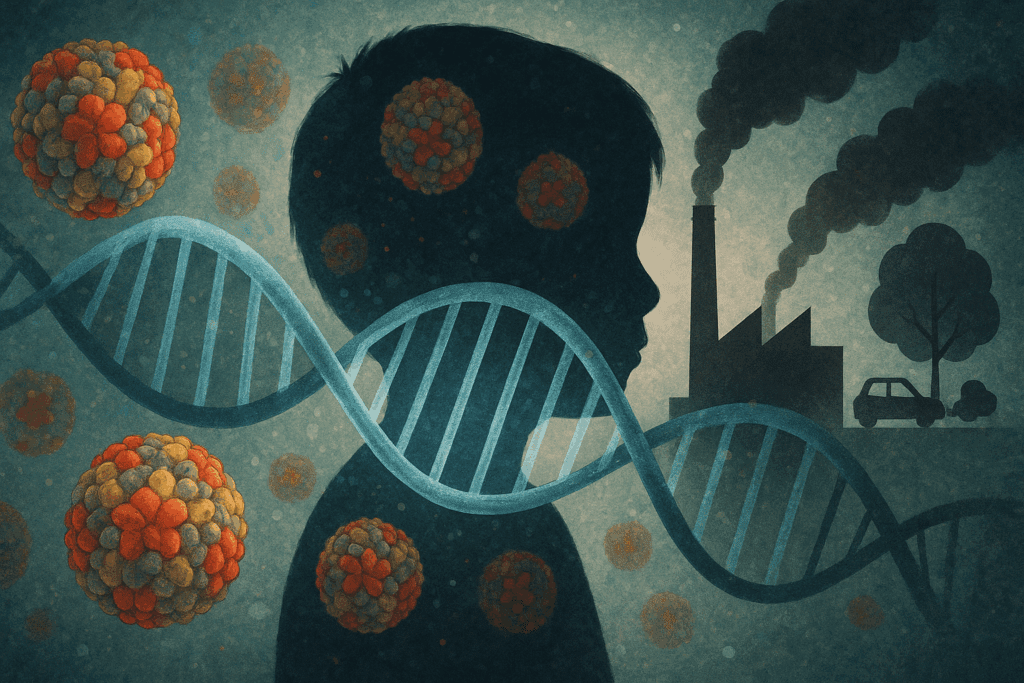 Silhouette of a child overlaid with a DNA strand, viruses, and factory pollution symbols, illustrating triggers of Type 1 Diabetes in Children