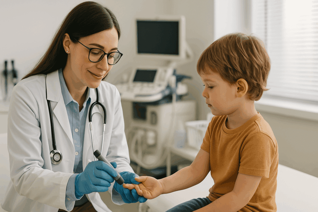 Pediatrician checking blood sugar from a young boy’s finger in a clinic, illustrating early diagnosis of Type 1 Diabetes in Children