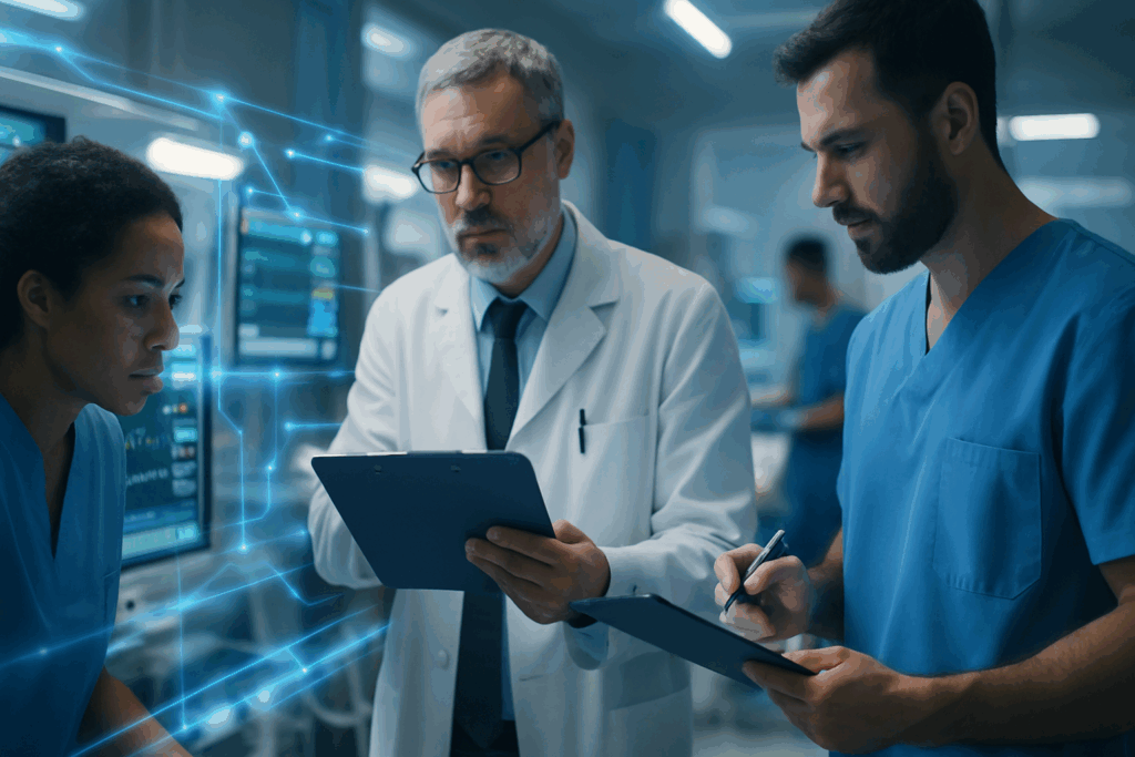 Healthcare professionals in a high-tech hospital setting reviewing patient data and monitors, illustrating the urgency and clarity behind using a blood pressure medical abbreviation in fast-paced clinical communication.