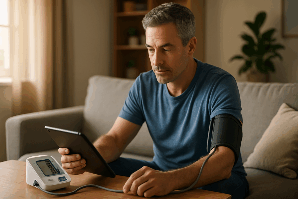 Man checking digital monitor and tablet for blood pressure medical abbreviation data at home