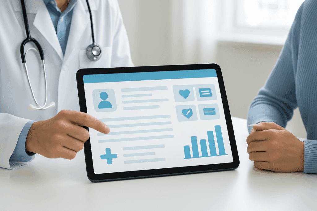 Clinician and patient reviewing digital health data on a tablet in a medical consultation, discussing trends related to blood pressure medical abbreviation.