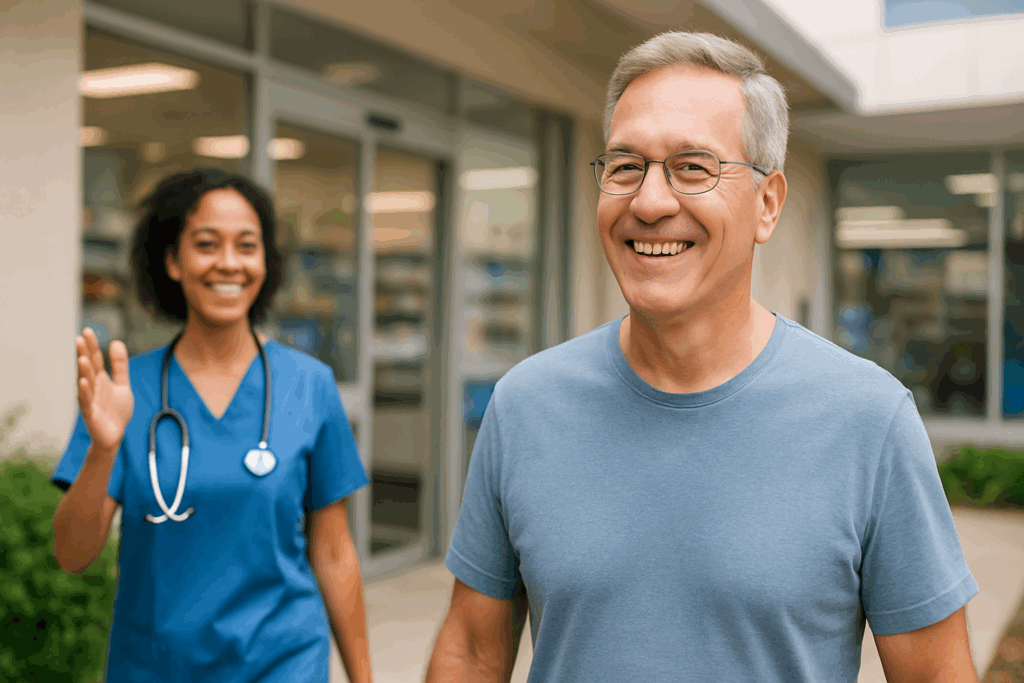 Smiling middle-aged man outside a pharmacy with a supportive nurse in the background, symbolizing clarity in understanding a blood pressure medical abbreviation.