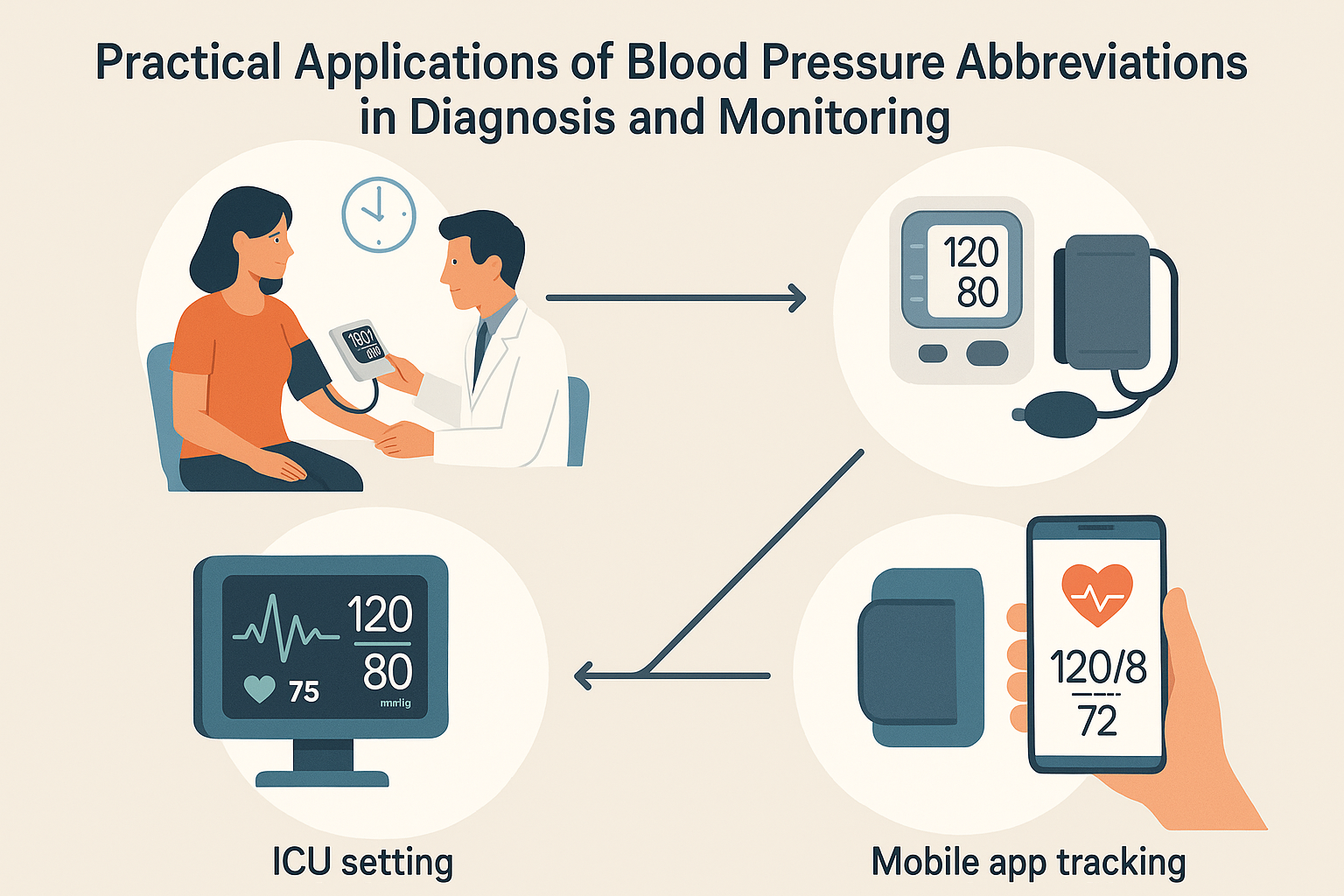 Circular infographic illustrating blood pressure medical abbreviation usage across office visits, home monitoring, ICU settings, and mobile health apps.