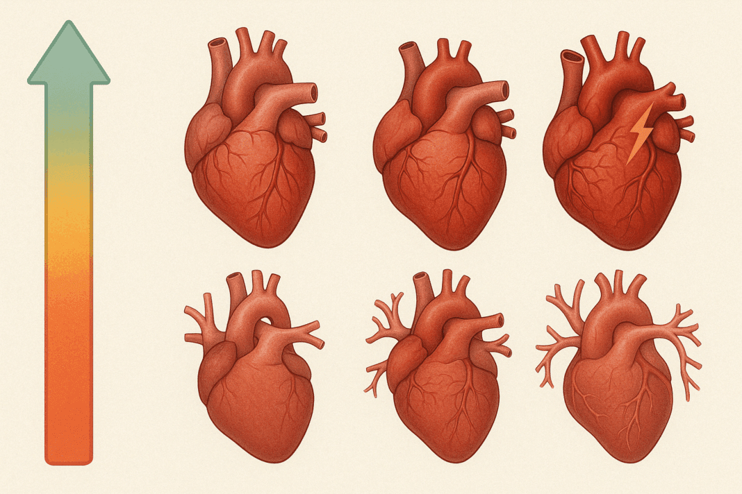 Medical illustration showing the four stages of hypertension with ascending heart damage, from healthy to stressed, along a gradient pressure gauge