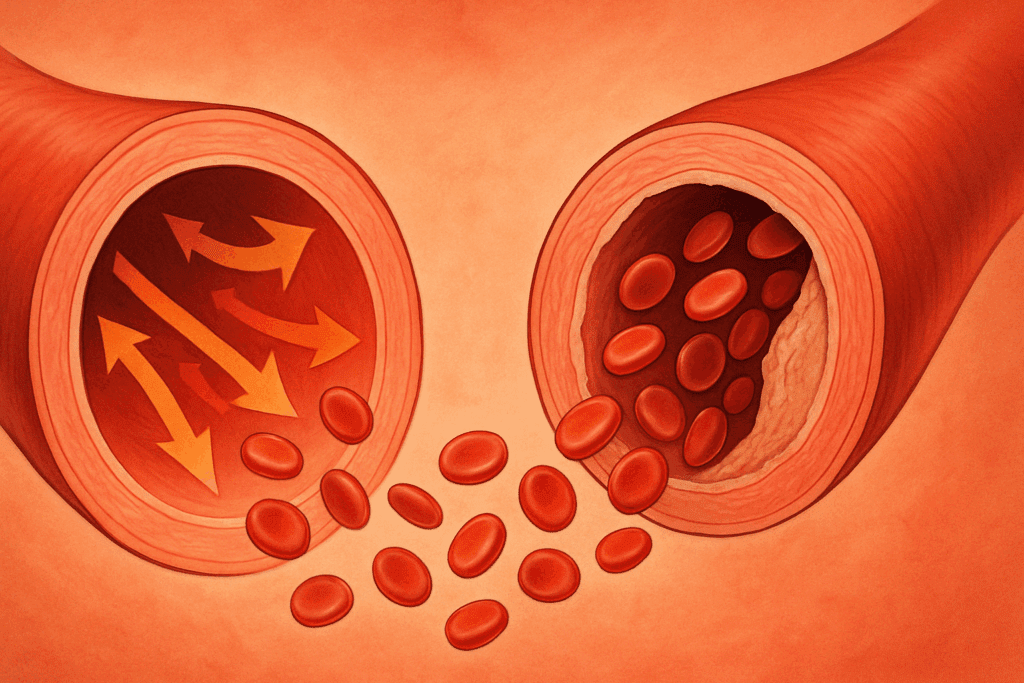 Digital illustration comparing healthy and narrowed arteries to visually represent early and advanced stages among the four stages of hypertension