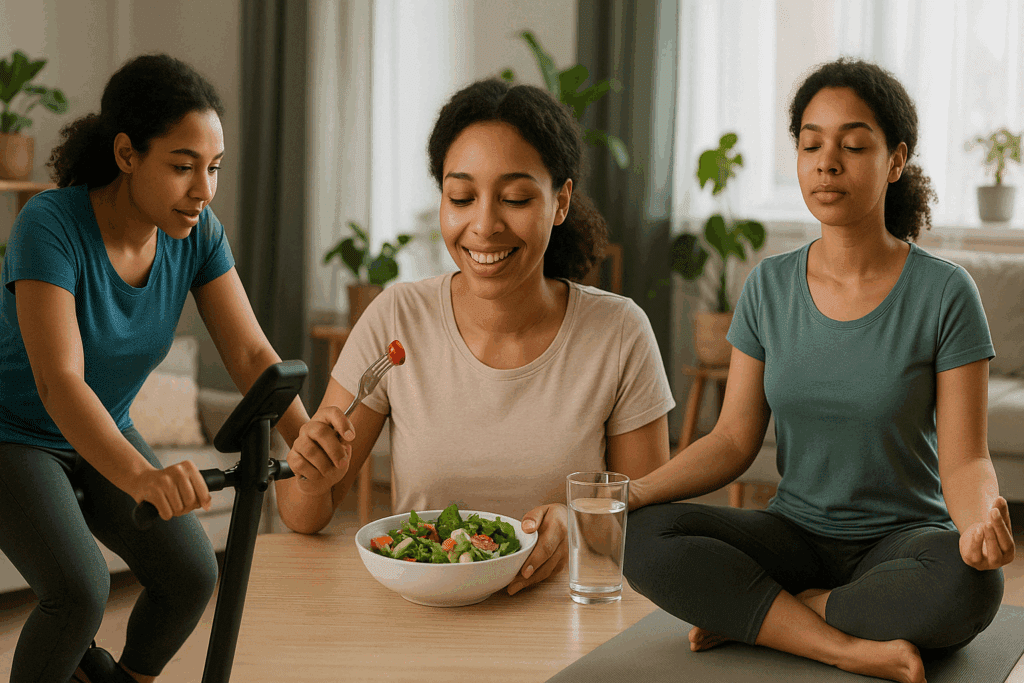Person practicing heart-healthy habits—cycling indoors, eating a fresh salad, and meditating at home—illustrating lifestyle prevention strategies for managing the four stages of hypertension.
